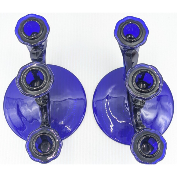 Fostoria Glass Baroque Regal Blue Cobalt 3 Light Candlestick Set of 2 Rare #2496 - Picture 6 of 12